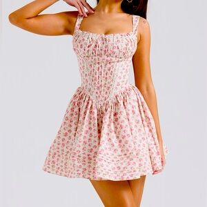 White Rosebud Print Cotton Mini Dress, small, larger cup, 1 inch longer.